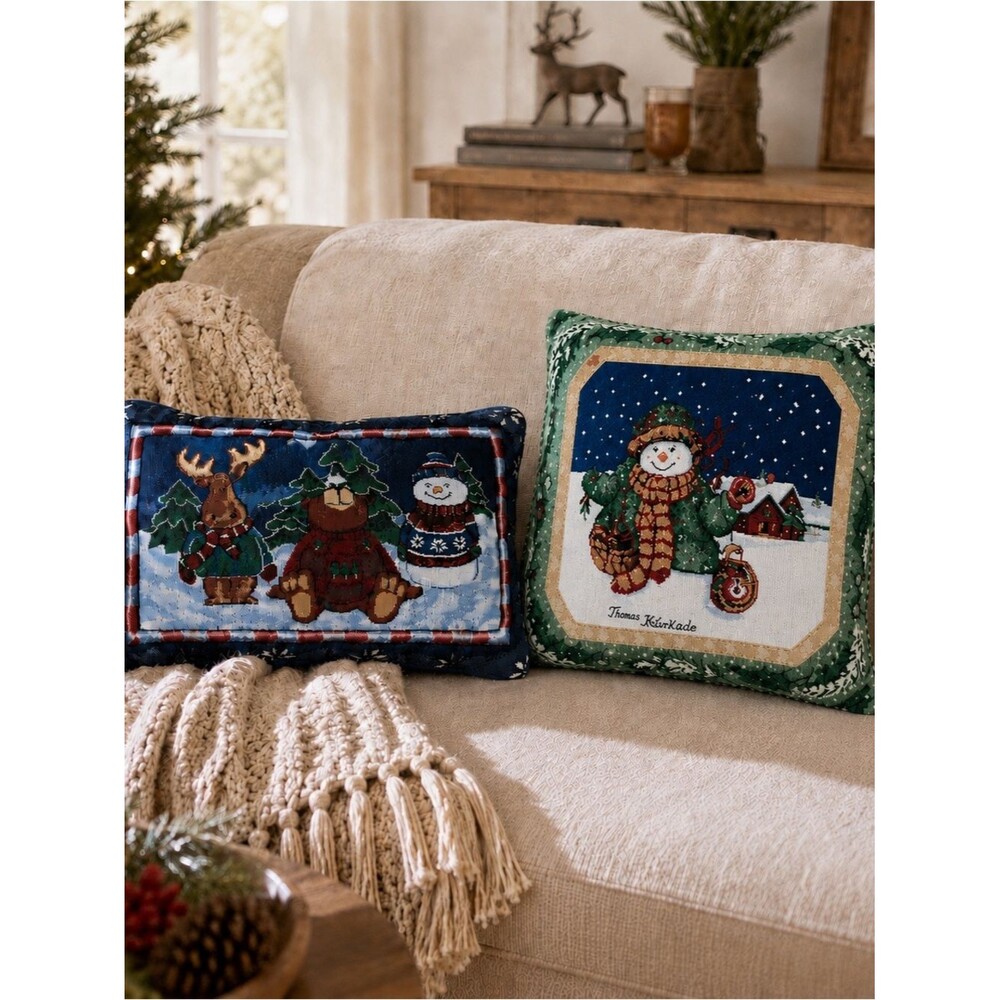 Tapestry Vintage Holiday Pillows/2 Winter Scene Snowman Moose Bear Mary Parker